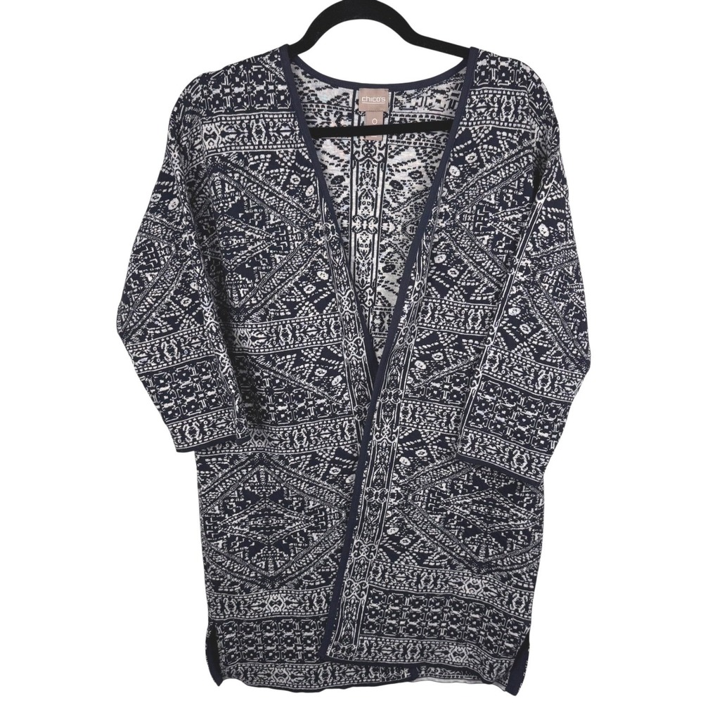Chicos Cardigan Duster Sweater Women's Small Open‎ Front 100% Cotton Navy